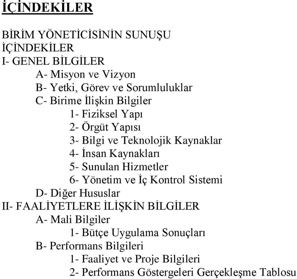 Sunulan Hizmetler 6- Yönetim ve Ġç Kontrol Sistemi D- Diğer Hususlar II- FAALĠYETLERE ĠLĠġKĠN BĠLGĠLER A- Mali Bilgiler