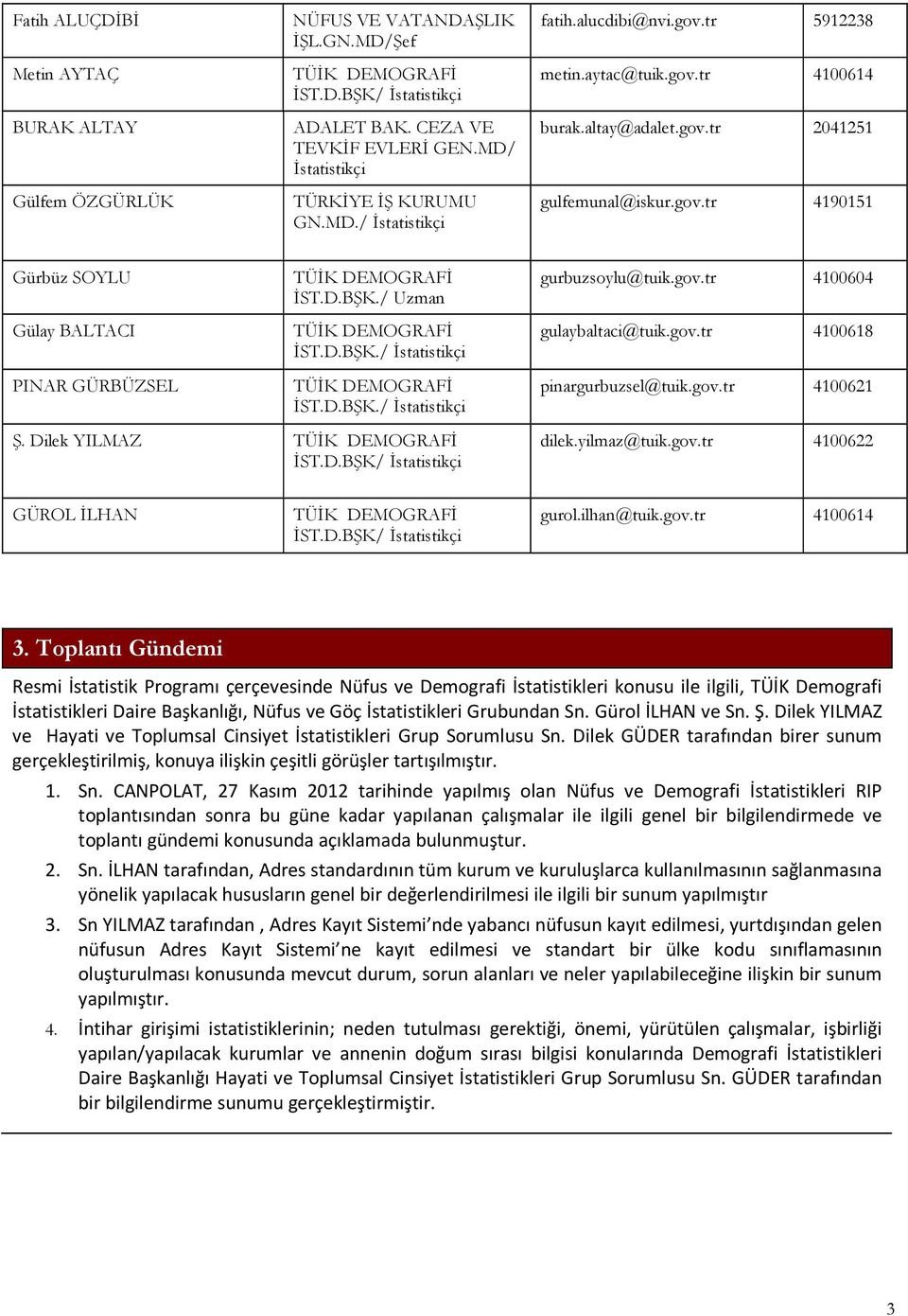 D.BŞK./ İstatistikçi gurbuzsoylu@tuik.gov.tr 4100604 gulaybaltaci@tuik.gov.tr 4100618 pinargurbuzsel@tuik.gov.tr 4100621 Ş. Dilek YILMAZ dilek.yilmaz@tuik.gov.tr 4100622 GÜROL İLHAN gurol.ilhan@tuik.