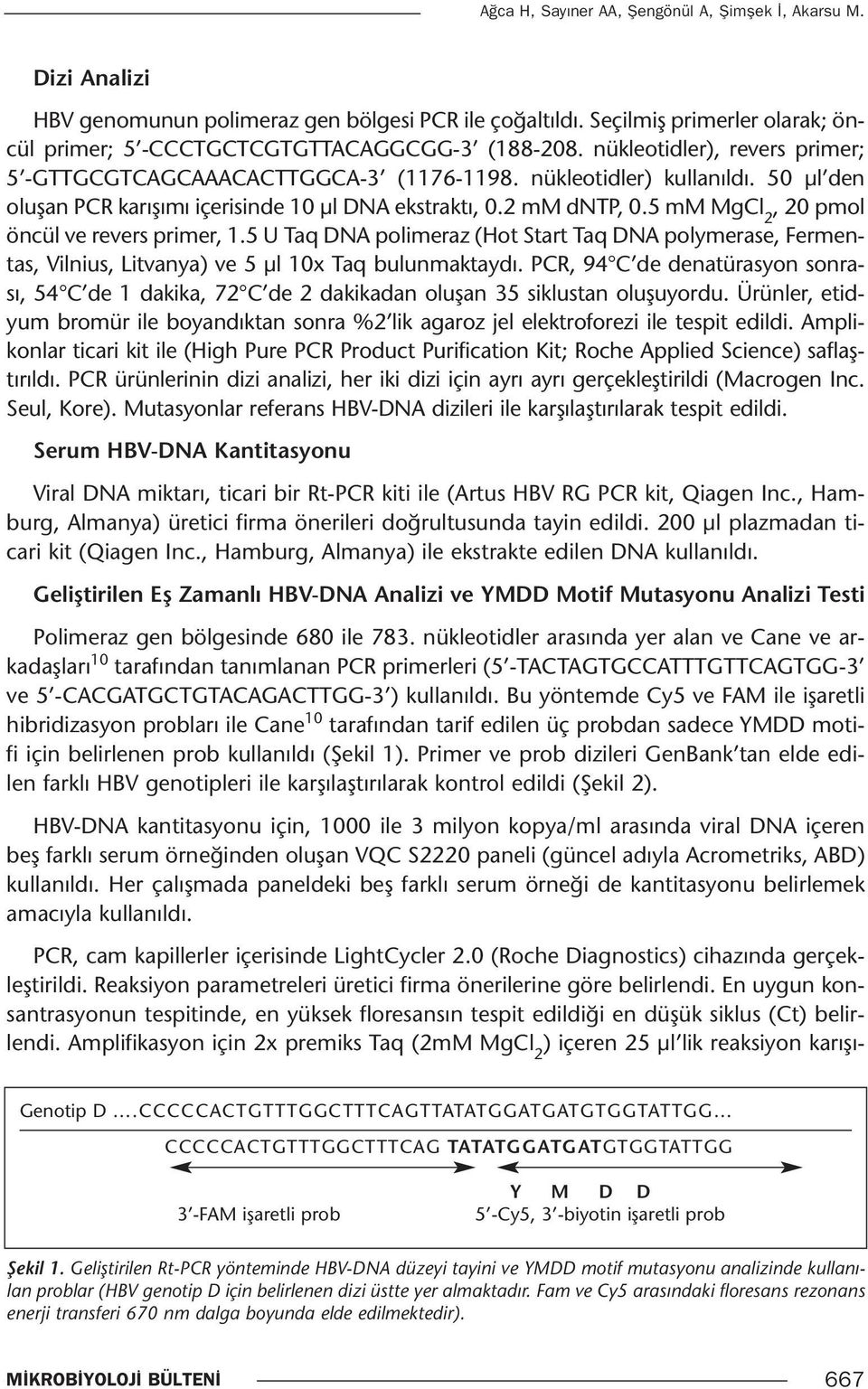 5 mm MgCl 2, 20 pmol öncül ve revers primer, 1.5 U Taq DNA polimeraz (Hot Start Taq DNA polymerase, Fermentas, Vilnius, Litvanya) ve 5 µl 10x Taq bulunmaktaydı.