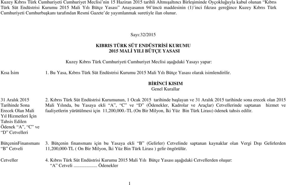 Sayı:32/2015 KIBRIS TÜRK SÜT ENDÜSTRİSİ KURUMU 2015 MALİ YILI BÜTÇE YASASI Kuzey Kıbrıs Türk Cumhuriyeti Cumhuriyet Meclisi aşağıdaki Yasayı yapar: Kısa İsim 1.
