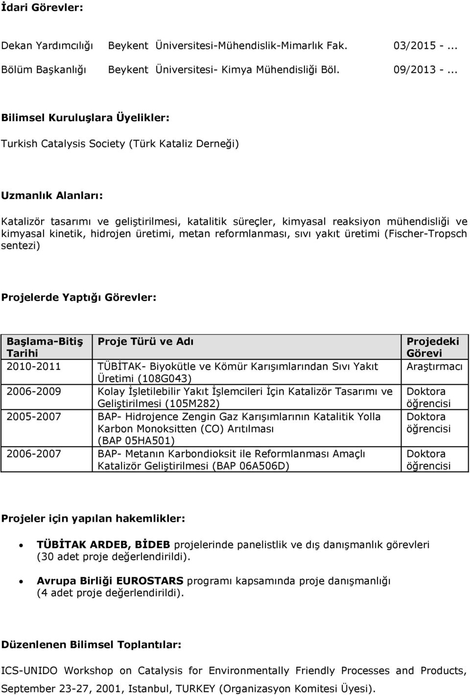 kimyasal kinetik, hidrojen üretimi, metan reformlanması, sıvı yakıt üretimi (Fischer-Tropsch sentezi) Projelerde Yaptığı Görevler: Başlama-Bitiş Proje Türü ve Adı Tarihi 2010-2011 TÜBİTAK- Biyokütle