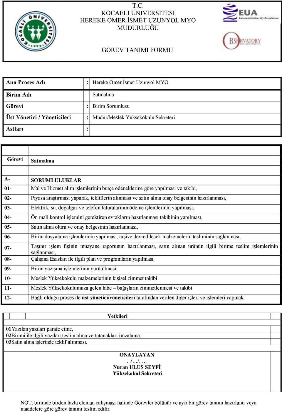 hazırlanması takibinin yapılması, 05- Satın alma oluru ve onay belgesinin hazırlanması, 06- Birim dosyalama işlemlerinin yapılması, arşive devredilecek malzemelerin tesliminin sağlanması, 07- Taşınır