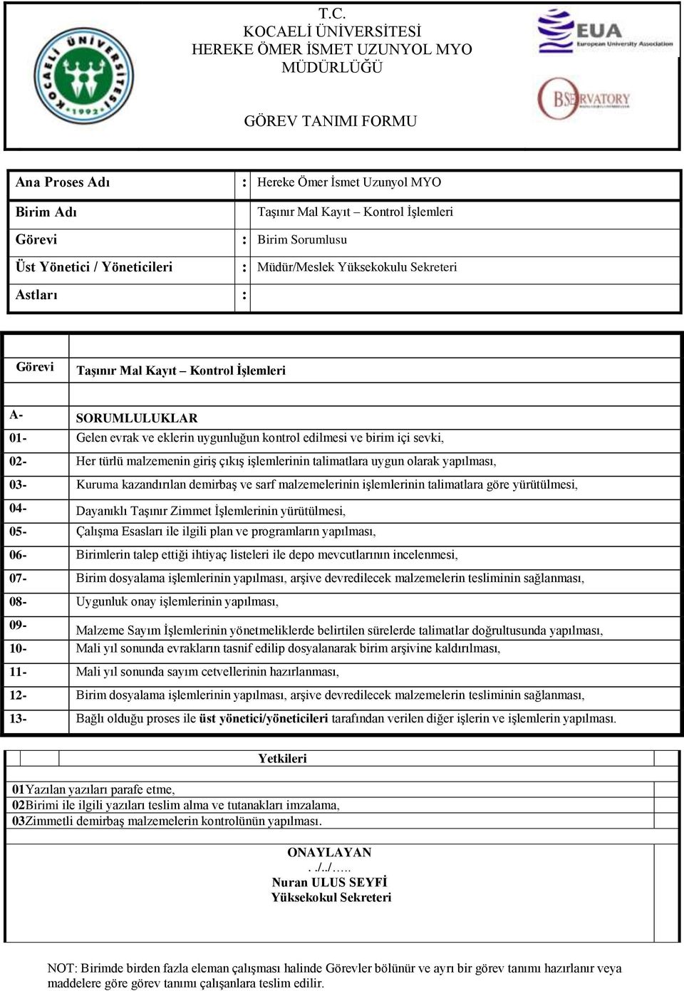 yürütülmesi, 04- Dayanıklı Taşınır Zimmet İşlemlerinin yürütülmesi, 05- Çalışma Esasları ile ilgili plan ve programların yapılması, 06- Birimlerin talep ettiği ihtiyaç listeleri ile depo