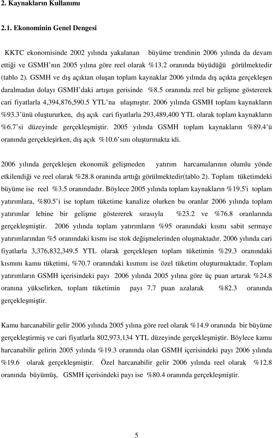 5 oranında reel bir gelişme göstererek cari fiyatlarla 4,394,876,590.5 YTL na ulaşmıştır. 2006 yılında GSMH toplam kaynakların %93.