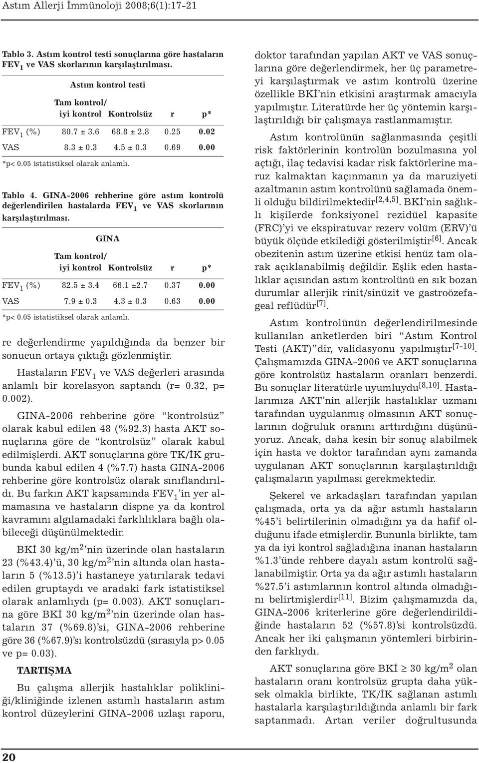 4 66.1 ±2.7 0.37 0.00 VAS 7.9 ± 0.3 4.3 ± 0.3 0.63 0.00 re değerlendirme yapıldığında da benzer bir sonucun ortaya çıktığı gözlenmiştir.