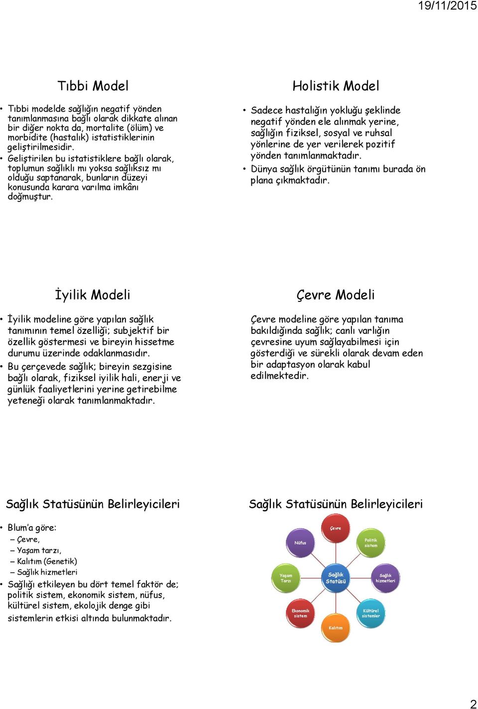 Sadece hastalığın yokluğu şeklinde negatif yönden ele alınmak yerine, sağlığın fiziksel, sosyal ve ruhsal yönlerine de yer verilerek pozitif yönden tanımlanmaktadır.