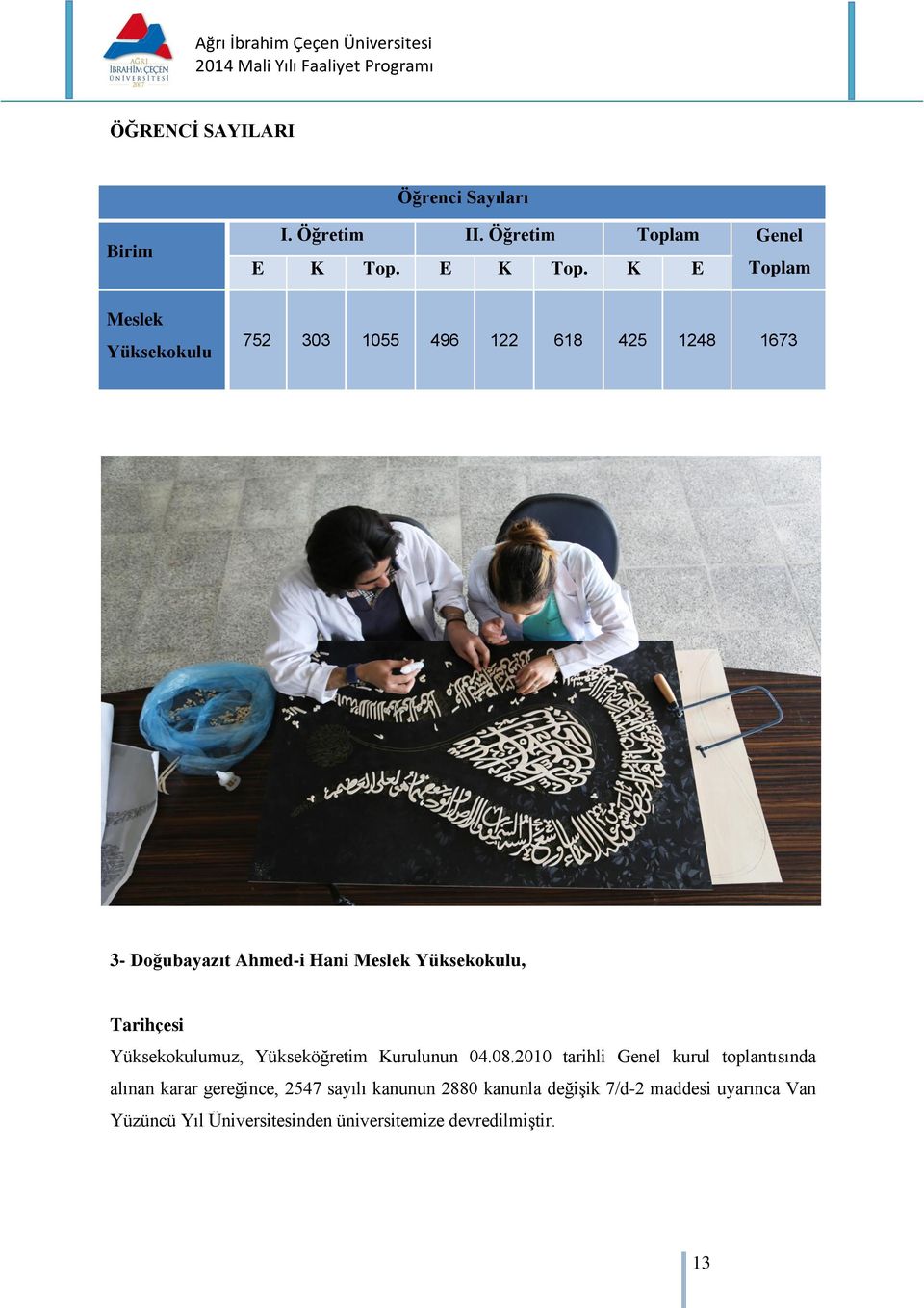 K E Toplam 752 303 1055 496 122 618 425 1248 1673 3- Doğubayazıt Ahmed-i Hani Meslek Yüksekokulu, Tarihçesi