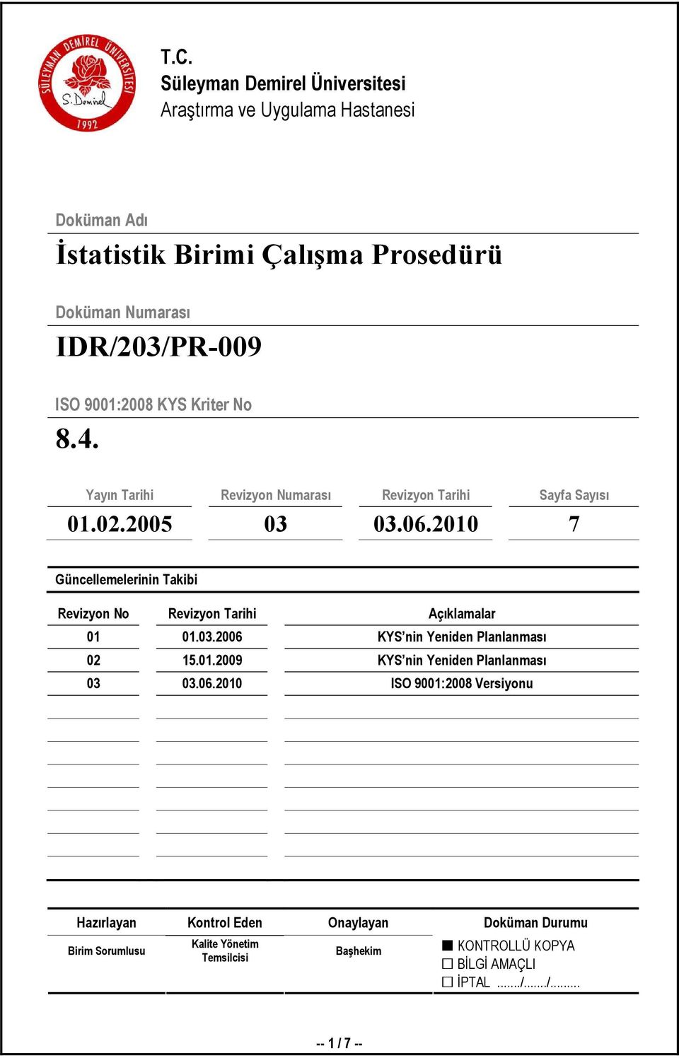 2010 7 Güncellemelerinin Takibi Revizyon No Revizyon Tarihi Açıklamalar 01 01.03.2006 KYS nin Yeniden Planlanması 02 15.01.2009 KYS nin Yeniden Planlanması 03 03.