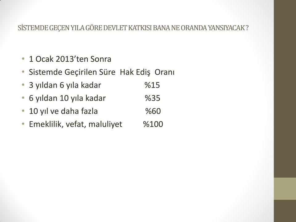 1 Ocak 2013 ten Sonra Sistemde Geçirilen Süre Hak Ediş