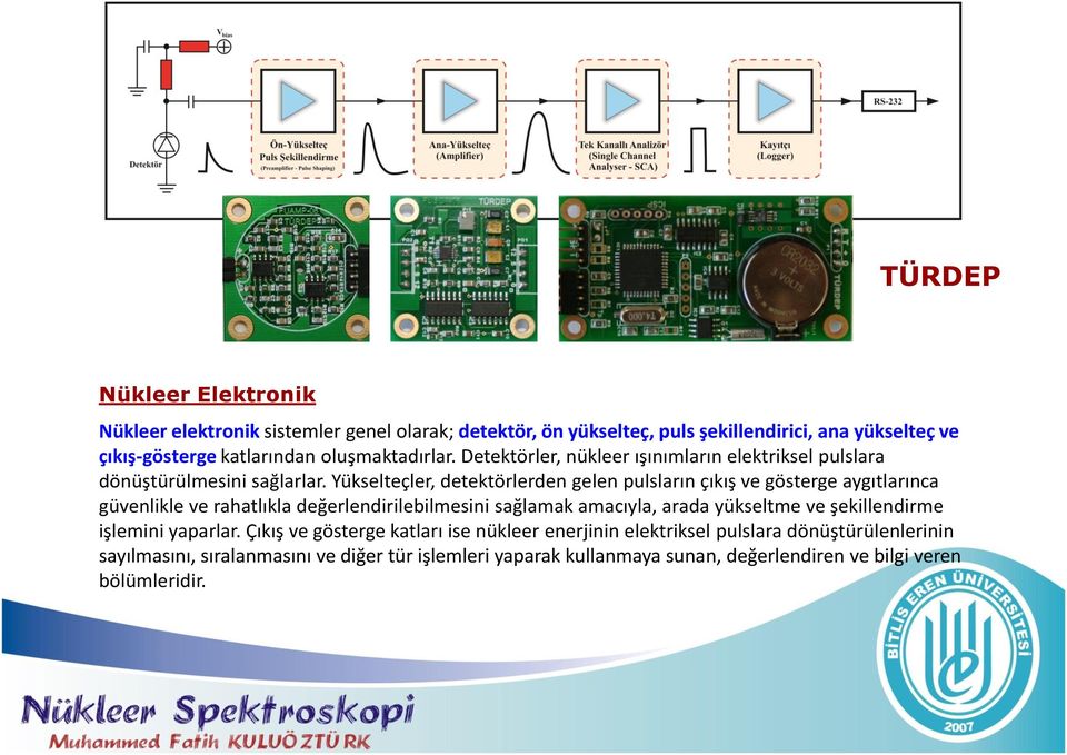 Yükselteçler, detektörlerden gelen pulsların çıkış ve gösterge aygıtlarınca güvenlikle ve rahatlıkla değerlendirilebilmesini sağlamak amacıyla, arada yükseltme ve