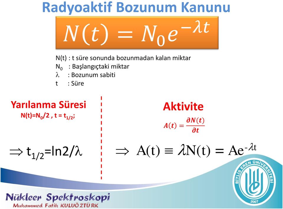 : Bozunum sabiti t : Süre Yarılanma Süresi N(t)=N 0 /2, t