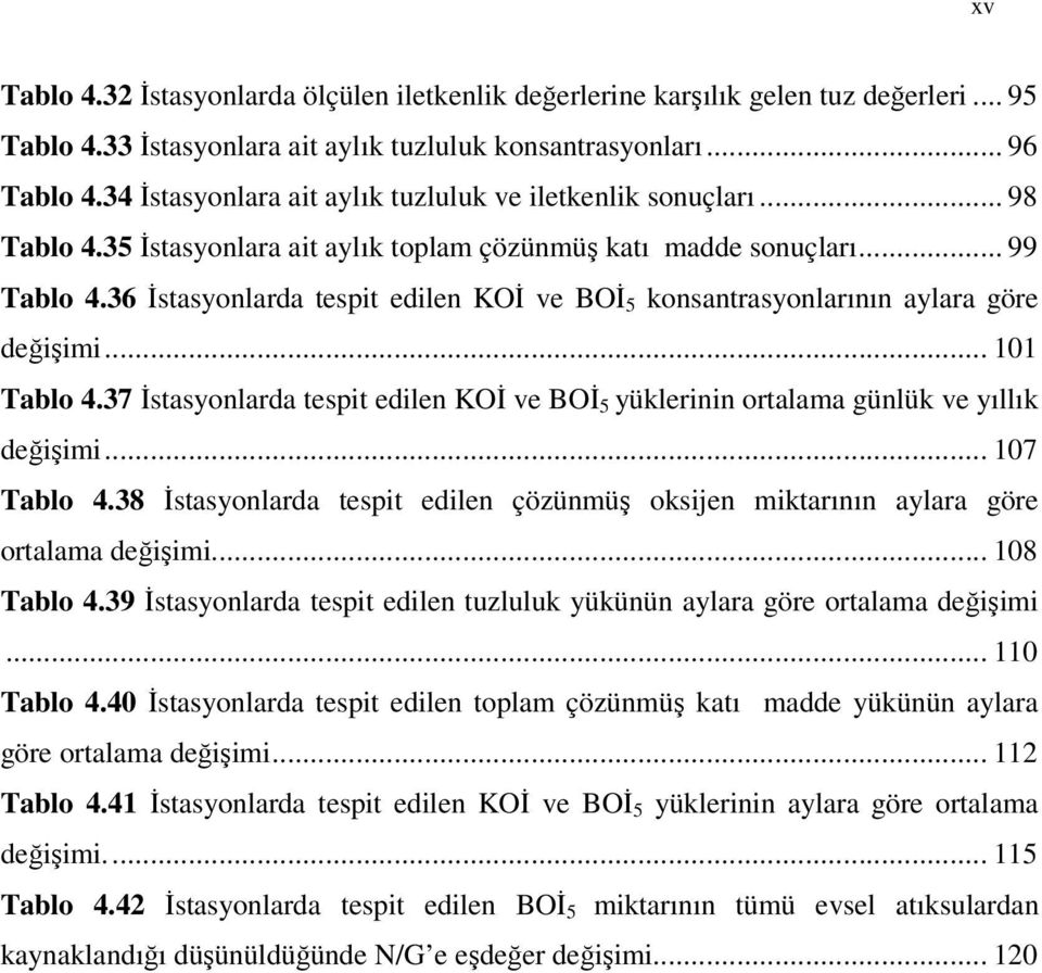 36 İstasyonlarda tespit edilen KOİ ve BOİ 5 konsantrasyonlarının aylara göre değişimi... 11 Tablo 4.37 İstasyonlarda tespit edilen KOİ ve BOİ 5 yüklerinin ortalama günlük ve yıllık değişimi.