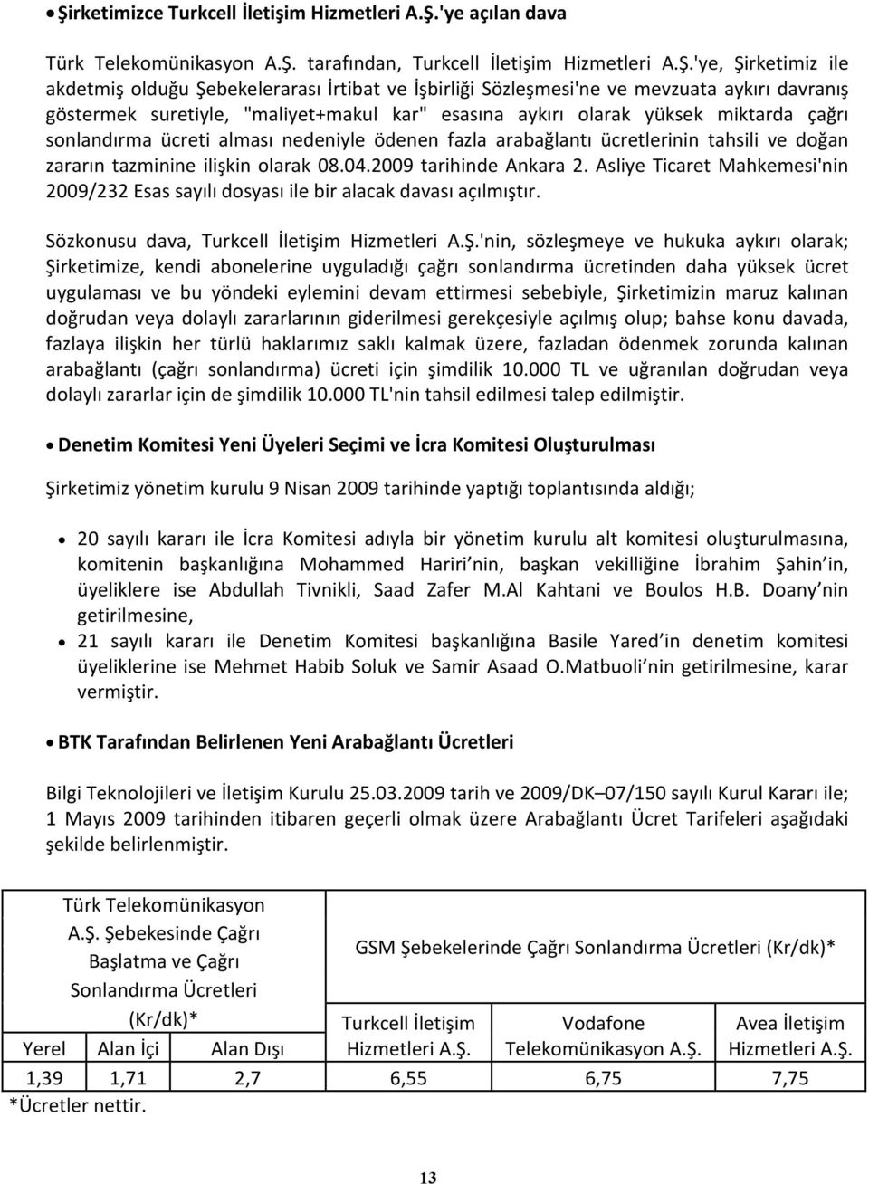 ücretlerinin tahsili ve doğan zararın tazminine ilişkin olarak 08.04.2009 tarihinde Ankara 2. Asliye Ticaret Mahkemesi'nin 2009/232 Esas sayılı dosyası ile bir alacak davası açılmıştır.