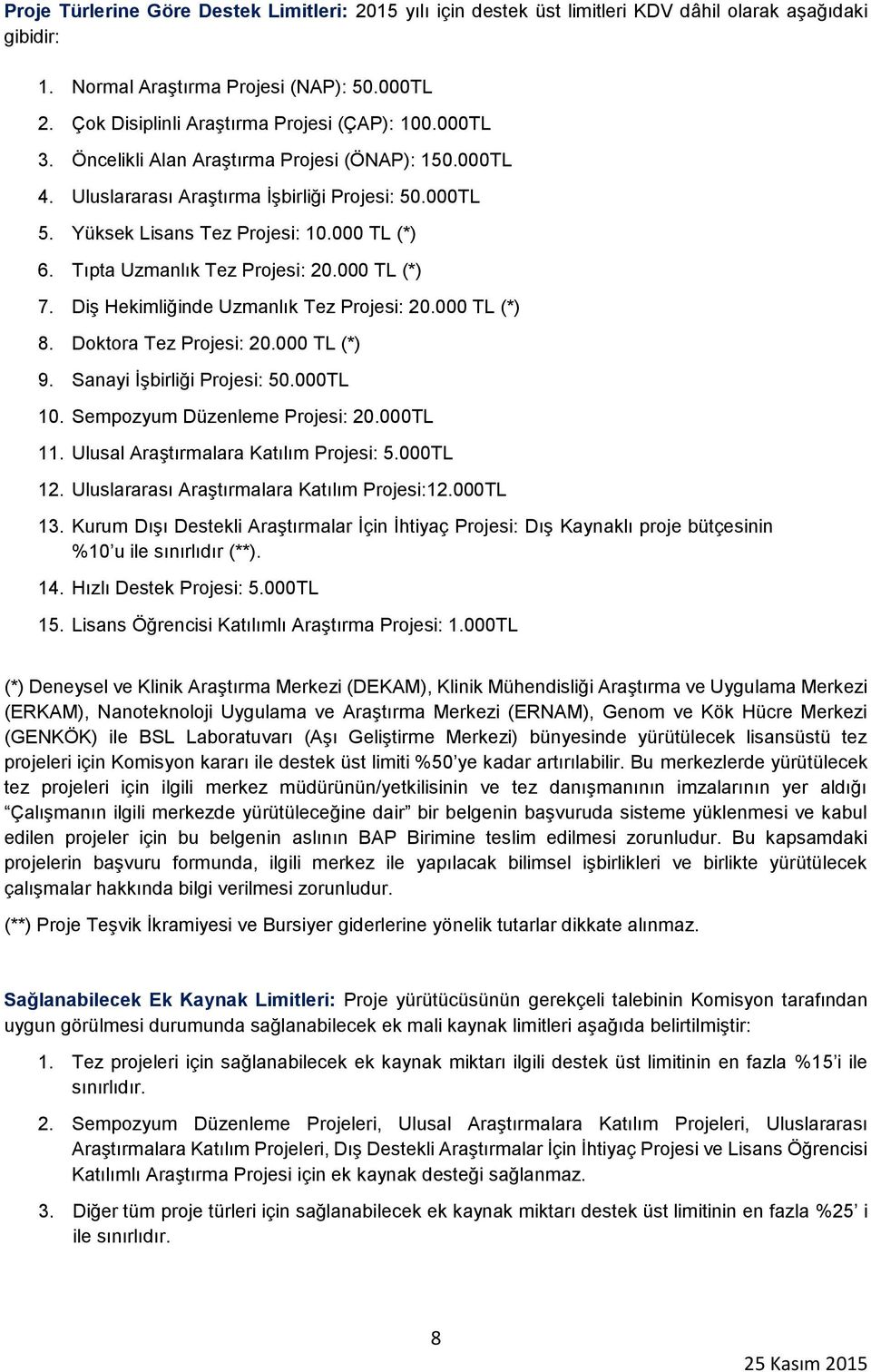 000 TL (*) 6. Tıpta Uzmanlık Tez Projesi: 20.000 TL (*) 7. Diş Hekimliğinde Uzmanlık Tez Projesi: 20.000 TL (*) 8. Doktora Tez Projesi: 20.000 TL (*) 9. Sanayi İşbirliği Projesi: 50.000TL 10.