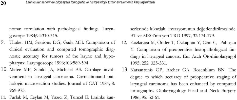 Mafee MF, Schild JA, Michaiel AS. Cartilage involvenment in laryngeal carcinoma. Correlationand pathologic macrosection studies. Journal of CAT 1984; 8: 969-973. 11.