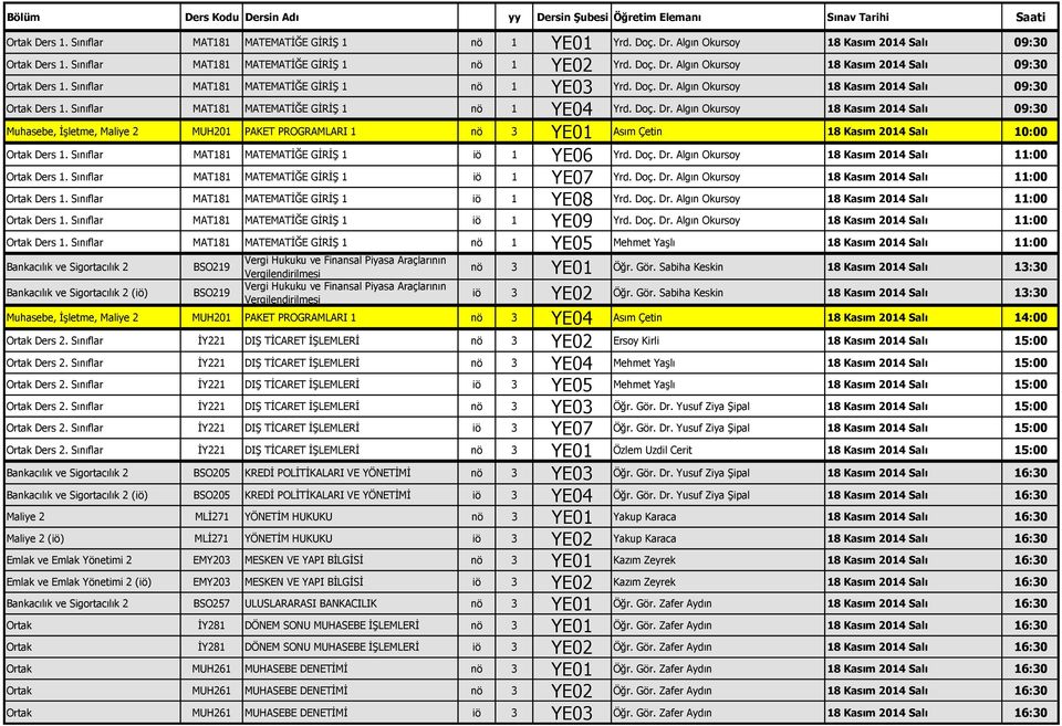 Sınıflar MAT181 MATEMATİĞE GİRİŞ 1 iö 1 YE06 Yrd. Doç. Dr. Algın Okursoy 18 Kasım 2014 Salı 11:00 Ortak Ders 1. Sınıflar MAT181 MATEMATİĞE GİRİŞ 1 iö 1 YE07 Yrd. Doç. Dr. Algın Okursoy 18 Kasım 2014 Salı 11:00 Ortak Ders 1. Sınıflar MAT181 MATEMATİĞE GİRİŞ 1 iö 1 YE08 Yrd.