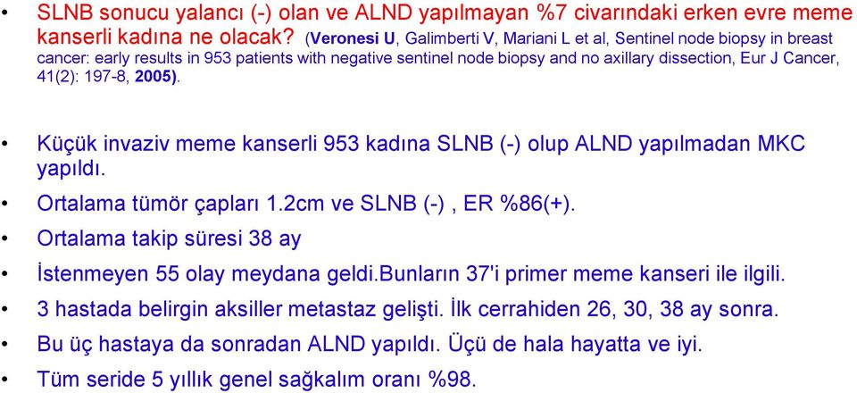 Cancer, 41(2): 197-8, 2005). Küçük invaziv meme kanserli 953 kadına SLNB (-) olup ALND yapılmadan MKC yapıldı. Ortalama tümör çapları 1.2cm ve SLNB (-), ER %86(+).