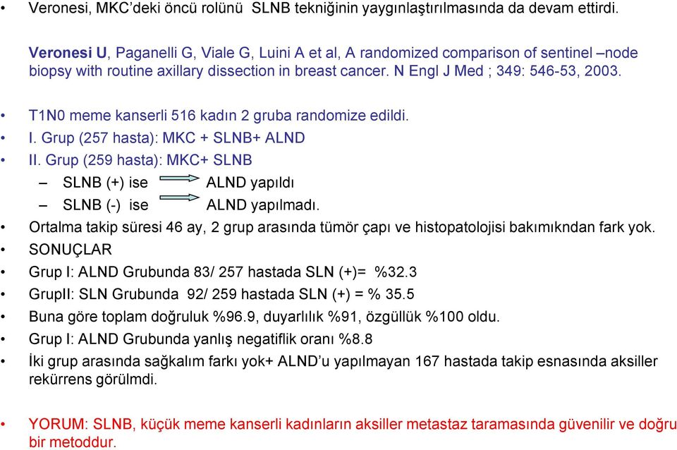 T1N0 meme kanserli 516 kadın 2 gruba randomize edildi. I. Grup (257 hasta): MKC + SLNB+ ALND II. Grup (259 hasta): MKC+ SLNB SLNB (+) ise ALND yapıldı SLNB (-) ise ALND yapılmadı.