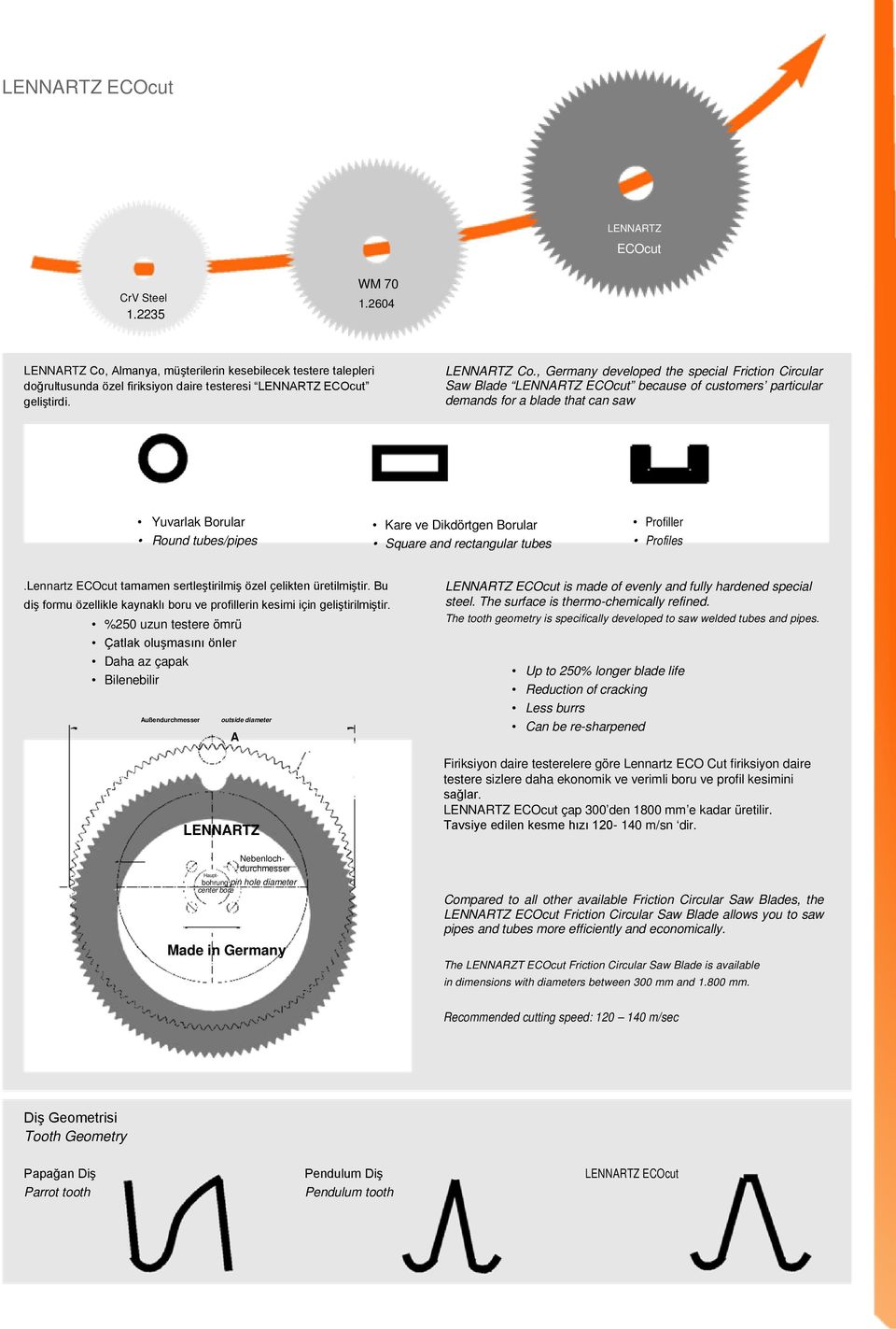 , Germany developed the special Friction Circular Saw Blade LENNARTZ ECOcut because of customers particular demands for a blade that can saw Yuvarlak Borular Kare ve Dikdörtgen Borular Profiller