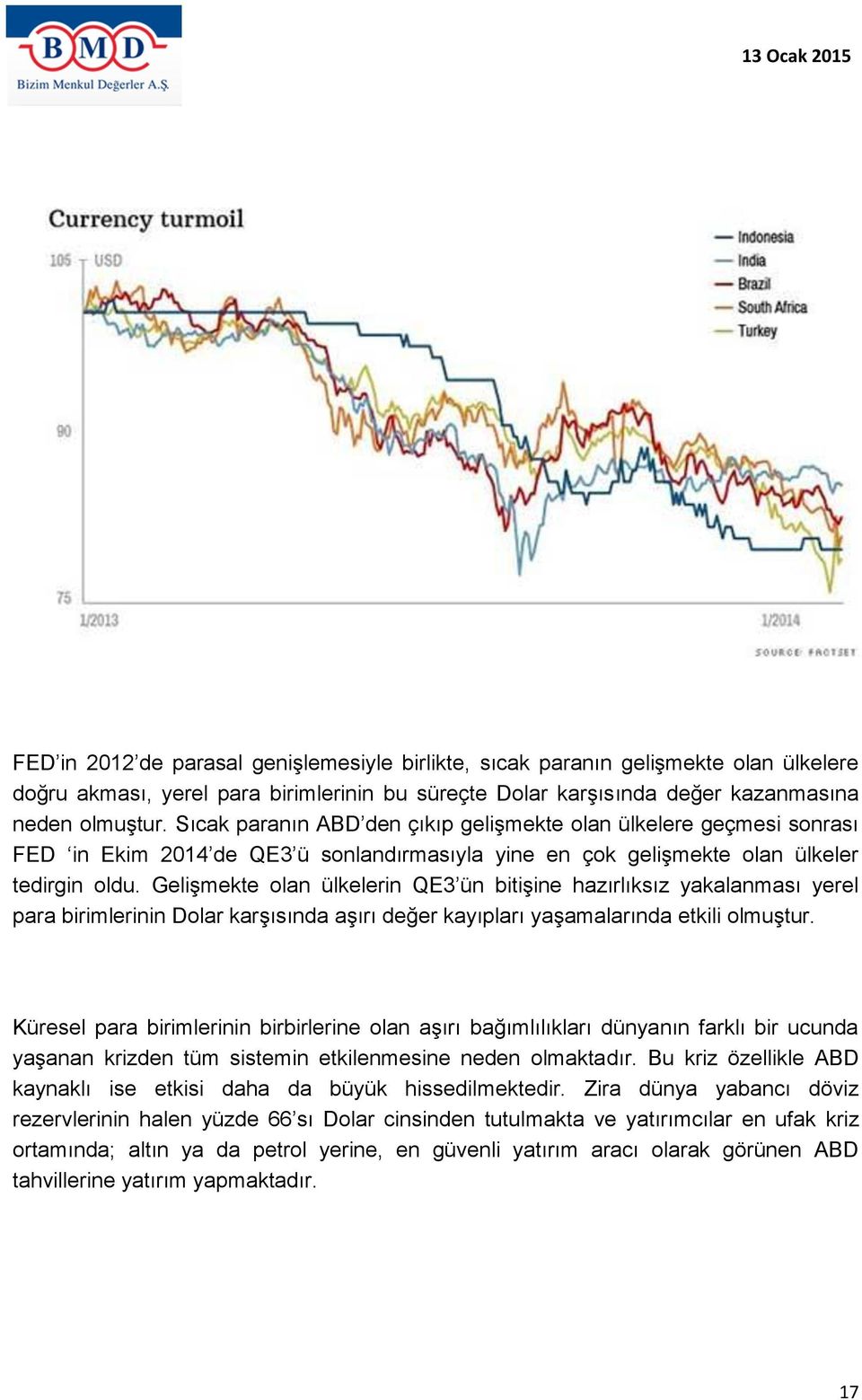 Gelişmekte olan ülkelerin QE3 ün bitişine hazırlıksız yakalanması yerel para birimlerinin Dolar karşısında aşırı değer kayıpları yaşamalarında etkili olmuştur.