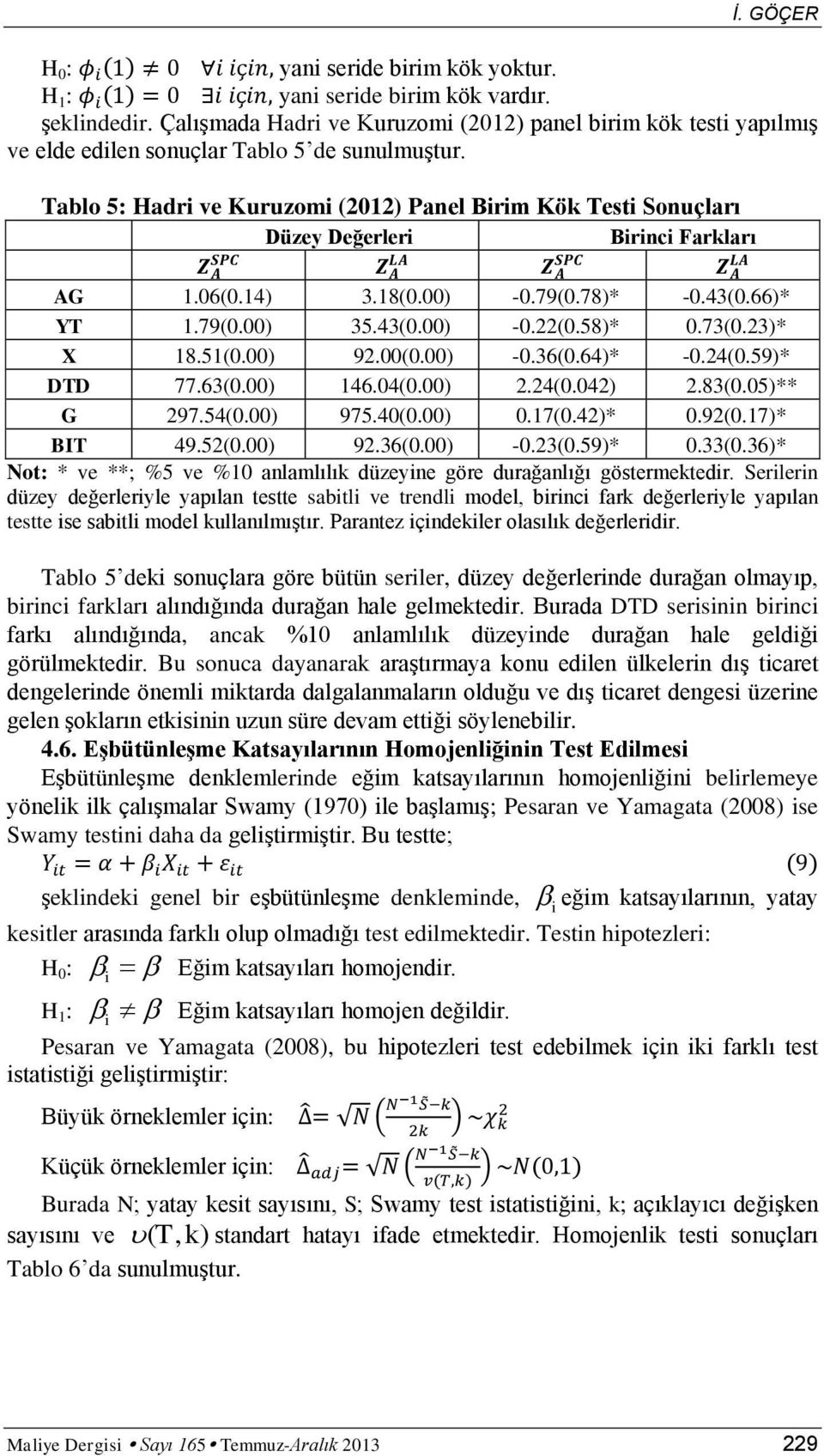 Tablo 5: Hadri ve Kuruzomi (2012) Panel Birim Kök Testi Sonuçları Düzey Değerleri Birinci Farkları AG 1.06(0.14) 3.18(0.00) -0.79(0.78)* -0.43(0.66)* YT 1.79(0.00) 35.43(0.00) -0.22(0.58)* 0.73(0.