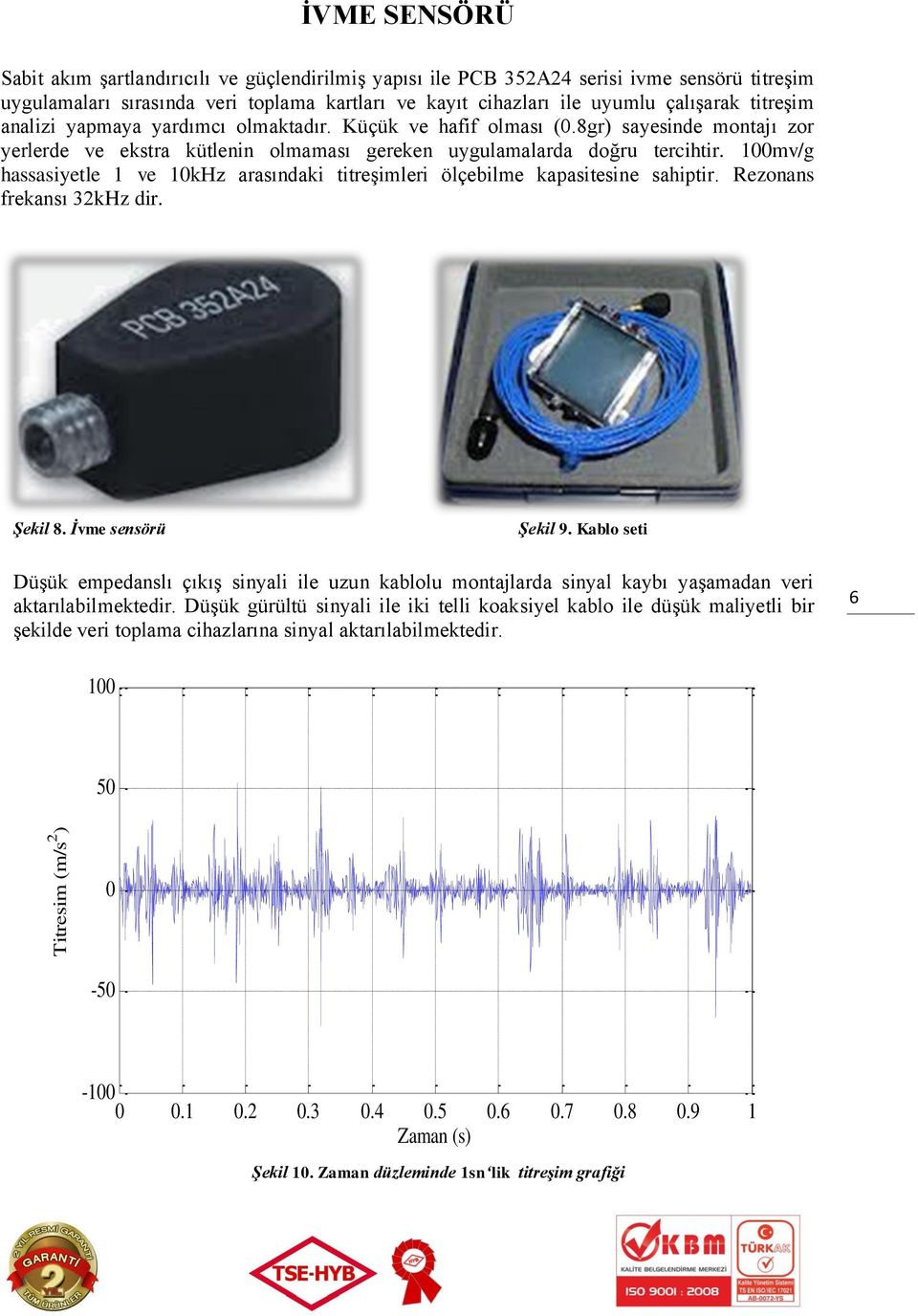 100mv/g hassasiyetle 1 ve 10kHz arasındaki titreşimleri ölçebilme kapasitesine sahiptir. Rezonans frekansı 32kHz dir. Şekil 8. İvme sensörü Şekil 9.