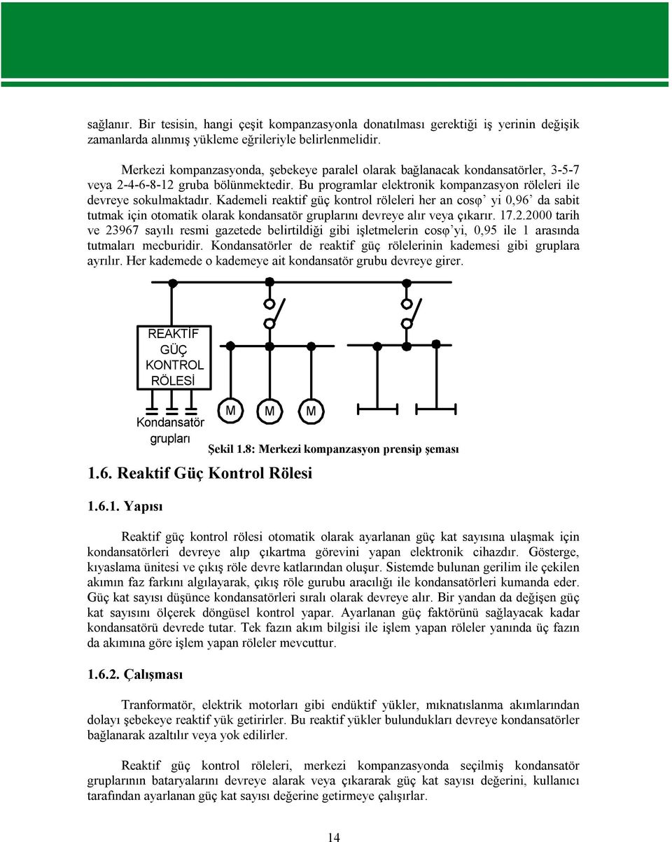 Kademeli reaktif güç kontrol röleleri her an cosφ yi 0,96 da sabit tutmak için otomatik olarak kondansatör gruplarını devreye alır veya çıkarır. 17.2.