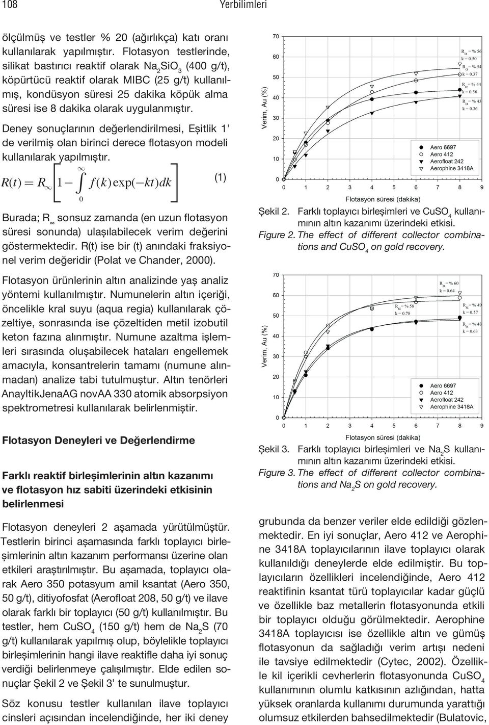 uygulanmıştır. Deney sonuçlarının değerlendirilmesi, Eşitlik 1 de verilmiş olan birinci derece flotasyon modeli kullanılarak yapılmıştır.