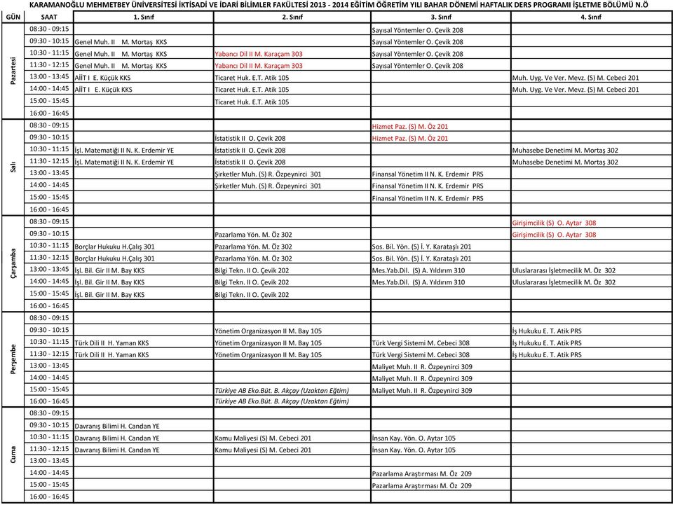 Çevik 208 11:30 12:15 Genel Muh. II M. Mortaş KKS Yabancı Dil II M. Karaçam 303 Sayısal Yöntemler O. Çevik 208 13:00 13:45 AİİT I E. Küçük KKS Ticaret Huk. E.T. Atik 105 Muh. Uyg. Ve Ver. Mevz. (S) M.