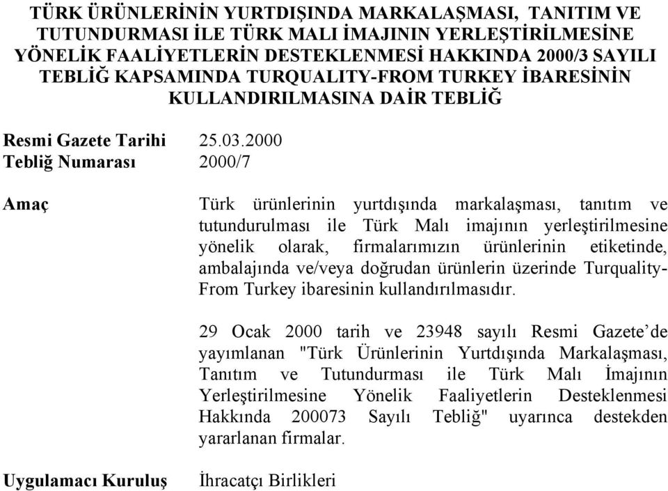 2000 Tebliğ Numarası 2000/7 Türk ürünlerinin yurtdışında markalaşması, tanıtım ve tutundurulması ile Türk Malı imajının yerleştirilmesine yönelik olarak, firmalarımızın ürünlerinin etiketinde,
