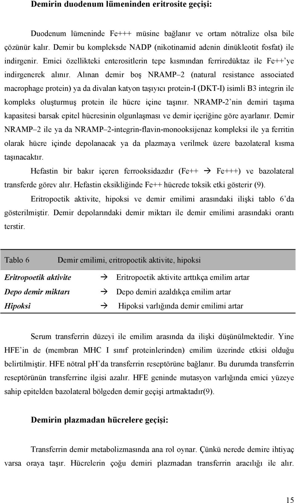 Alınan demir boş NRAMP 2 (natural resistance associated macrophage protein) ya da divalan katyon taşıyıcı protein-i (DKT-I) isimli B3 integrin ile kompleks oluşturmuş protein ile hücre içine taşınır.