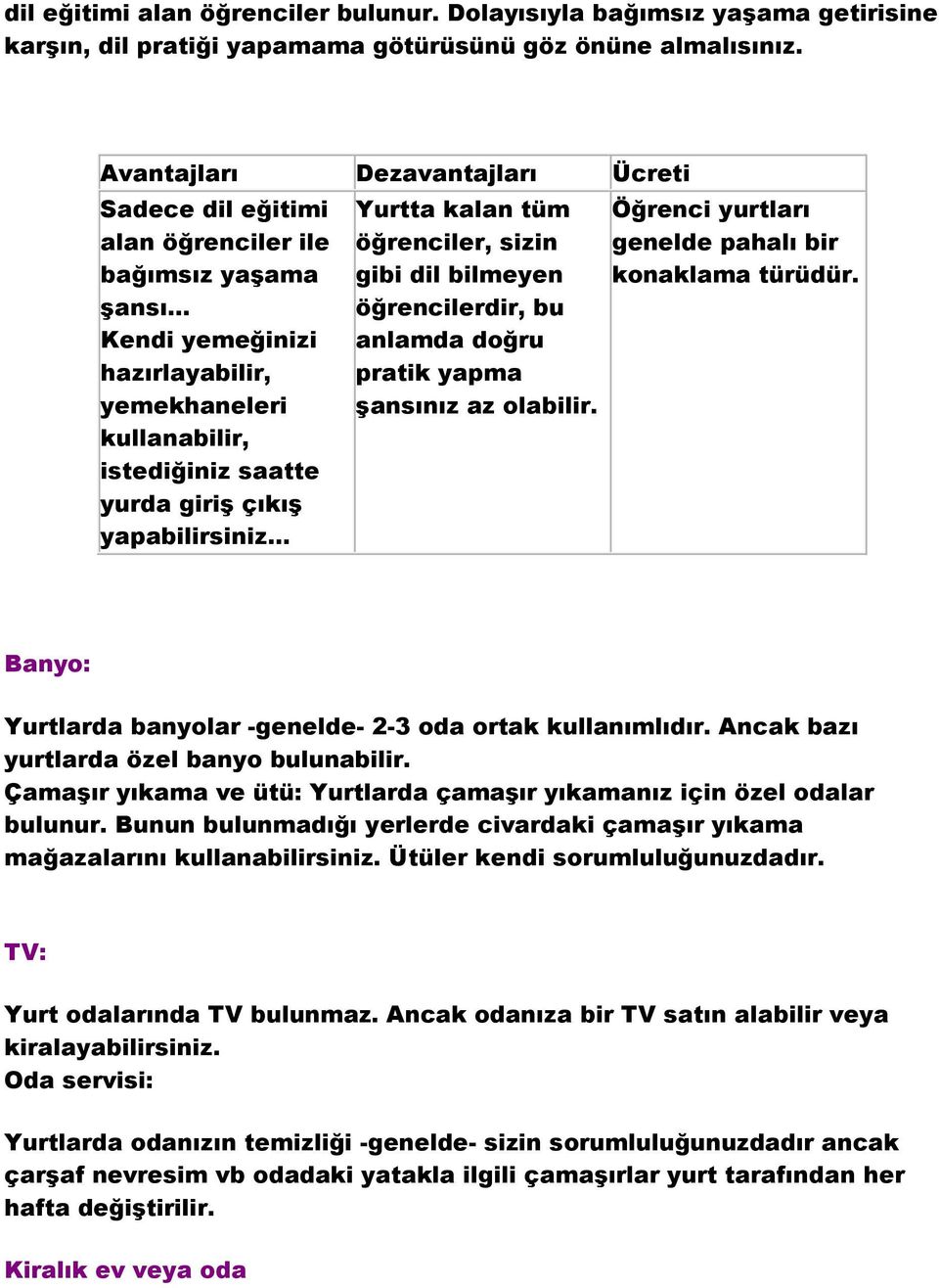 .. Kendi yemeğinizi hazırlayabilir, yemekhaneleri kullanabilir, istediğiniz saatte yurda giriş çıkış yapabilirsiniz.