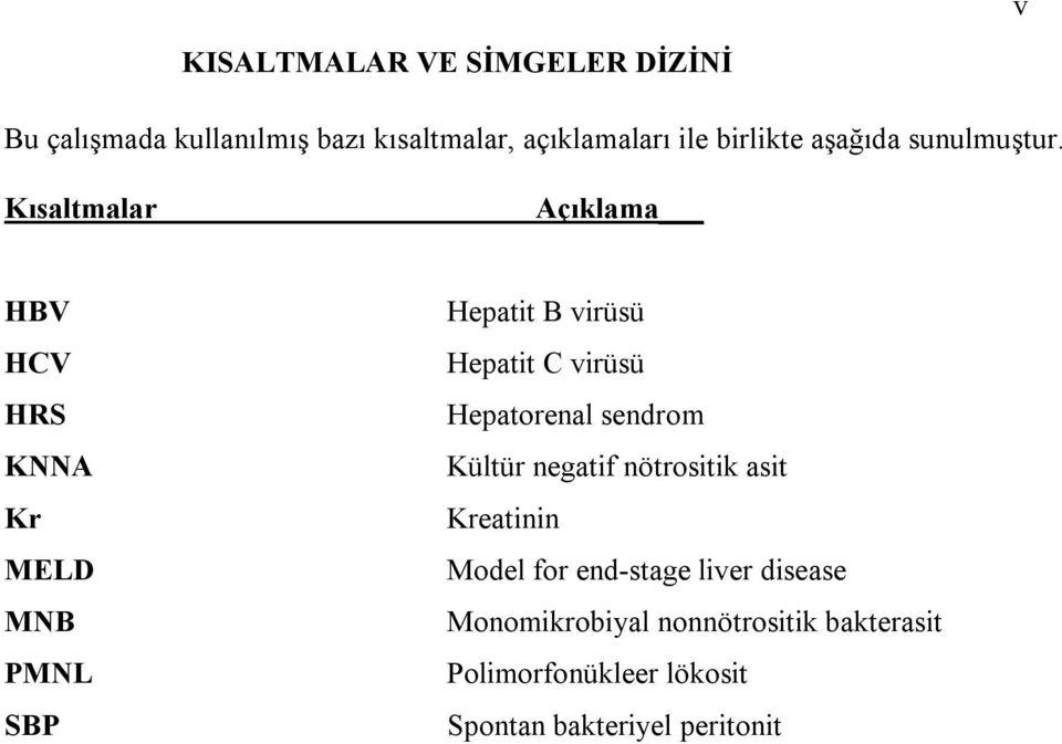 Kısaltmalar Açıklama HBV HCV HRS KNNA Kr MELD MNB PMNL SBP Hepatit B virüsü Hepatit C virüsü