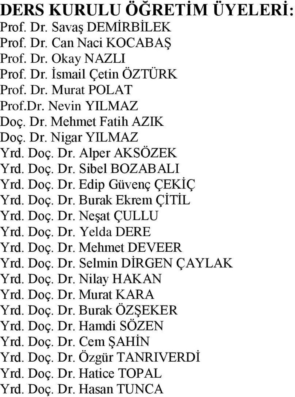 Doç. Dr. Neşat ÇULLU Yrd. Doç. Dr. Yelda DERE Yrd. Doç. Dr. Mehmet DEVEER Yrd. Doç. Dr. Selmin DİRGEN ÇAYLAK Yrd. Doç. Dr. Nilay HAKAN Yrd. Doç. Dr. Murat KARA Yrd.