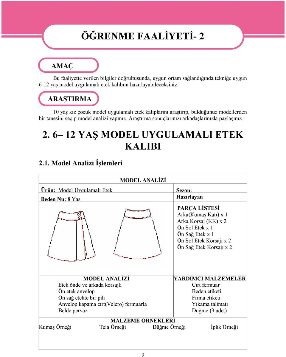 6 12 YAŞ MODEL UYGULAMALI ETEK KALIBI 2.1. Model Analizi İşlemleri Ürün: Model Uygulamalı Etek Beden Nu: 8 Yaş MODEL ANALİZİ Sezon: Hazırlayan PARÇA LİSTESİ Arka(Kumaş Katı) x 1 Arka Korsaj (KK) x 2