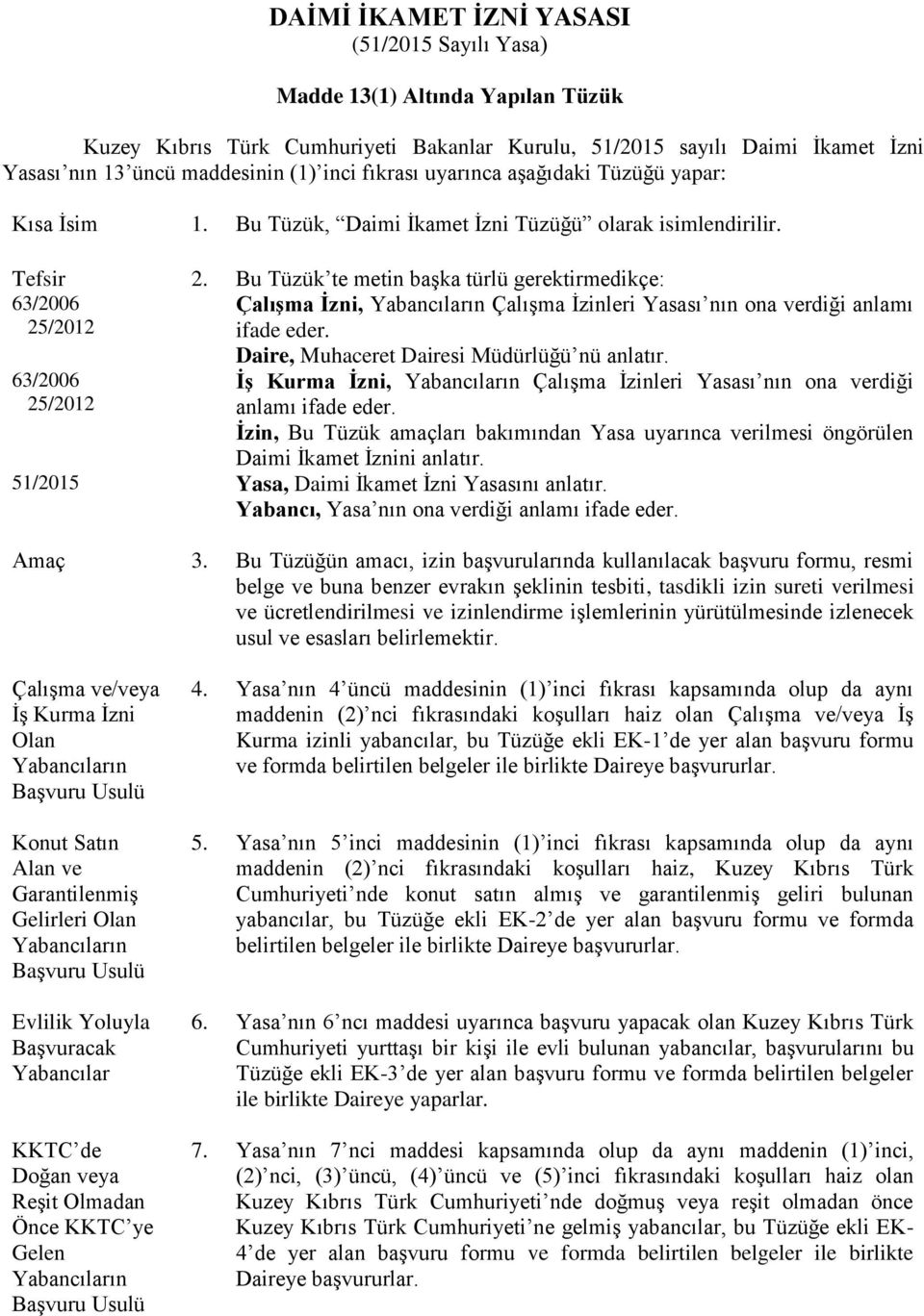 Bu Tüzük te metin başka türlü gerektirmedikçe: 63/2006 Çalışma İzni, Yabancıların Çalışma İzinleri Yasası nın ona verdiği anlamı 25/2012 ifade eder.