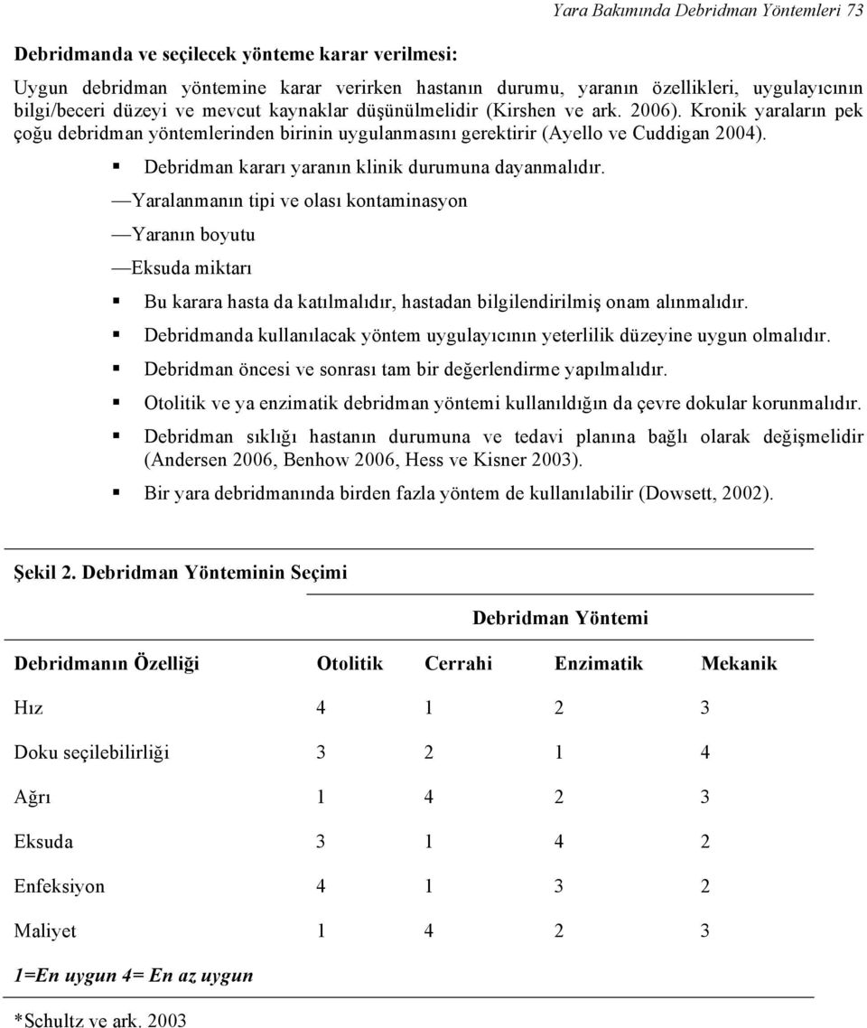 Debridman kararı yaranın klinik durumuna dayanmalıdır.