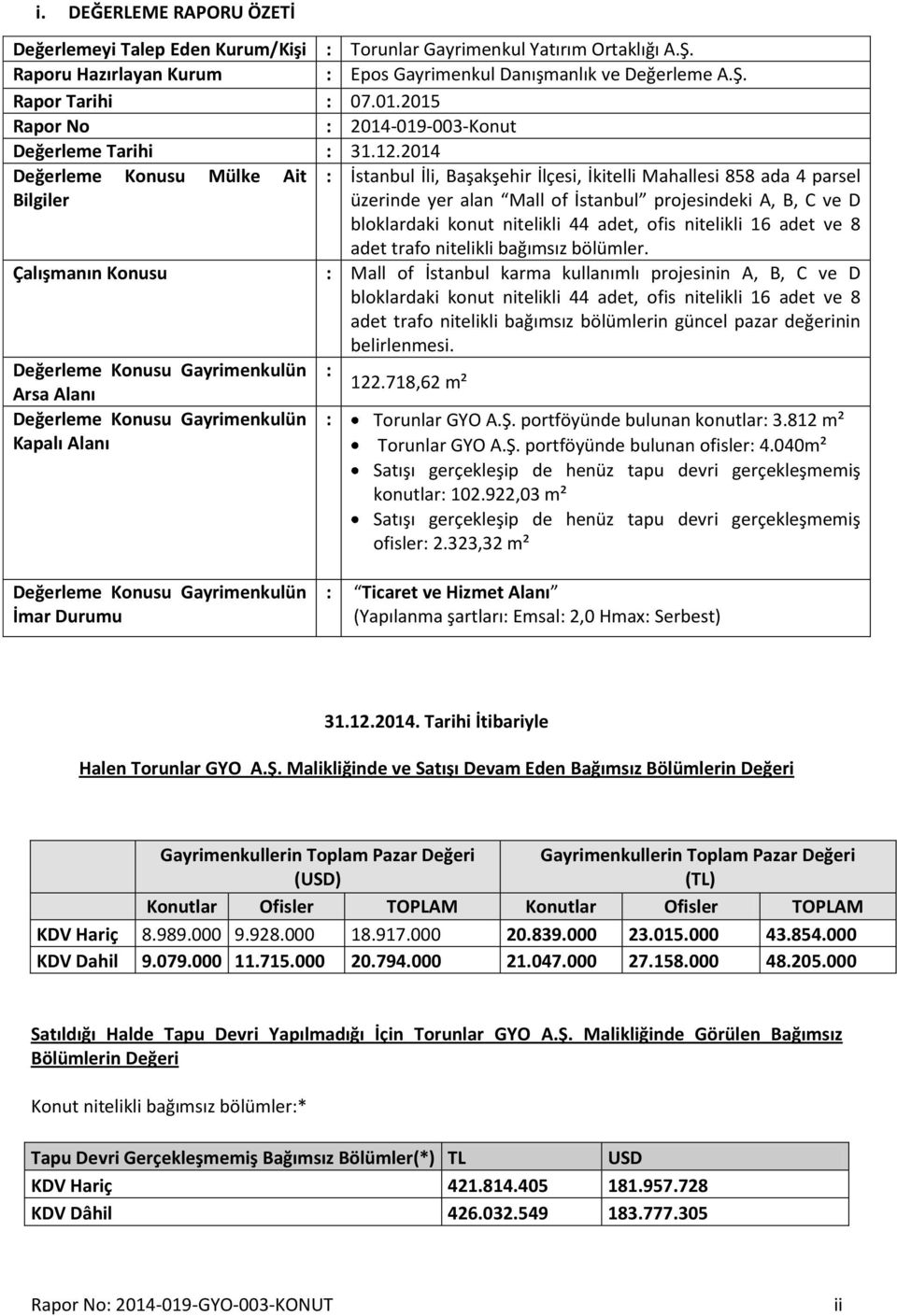 2014 Değerleme Konusu Mülke Ait Bilgiler : İstanbul İli, Başakşehir İlçesi, İkitelli Mahallesi 858 ada 4 parsel üzerinde yer alan Mall of İstanbul projesindeki A, B, C ve D bloklardaki konut