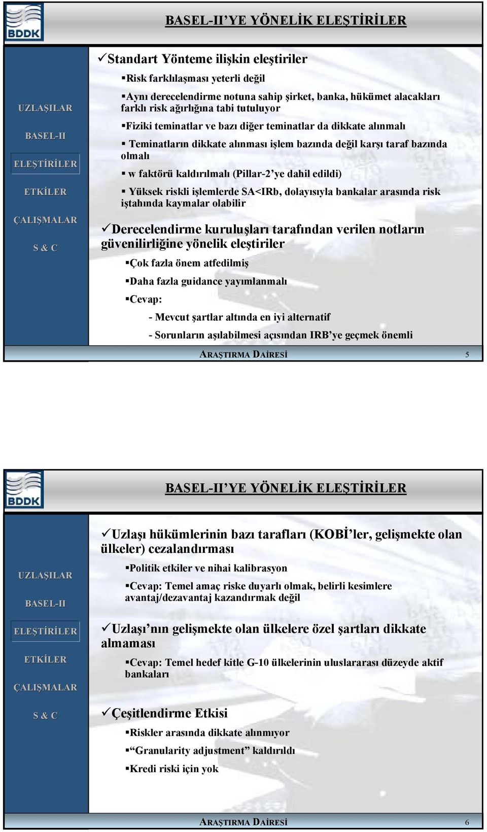 işlemlerde SA<IRb, dolayısıyla bankalar arasında risk iştahında kaymalar olabilir Derecelendirme kuruluşları tarafından verilen notların güvenilirliğine yönelik eleştiriler Çok fazla önem atfedilmiş