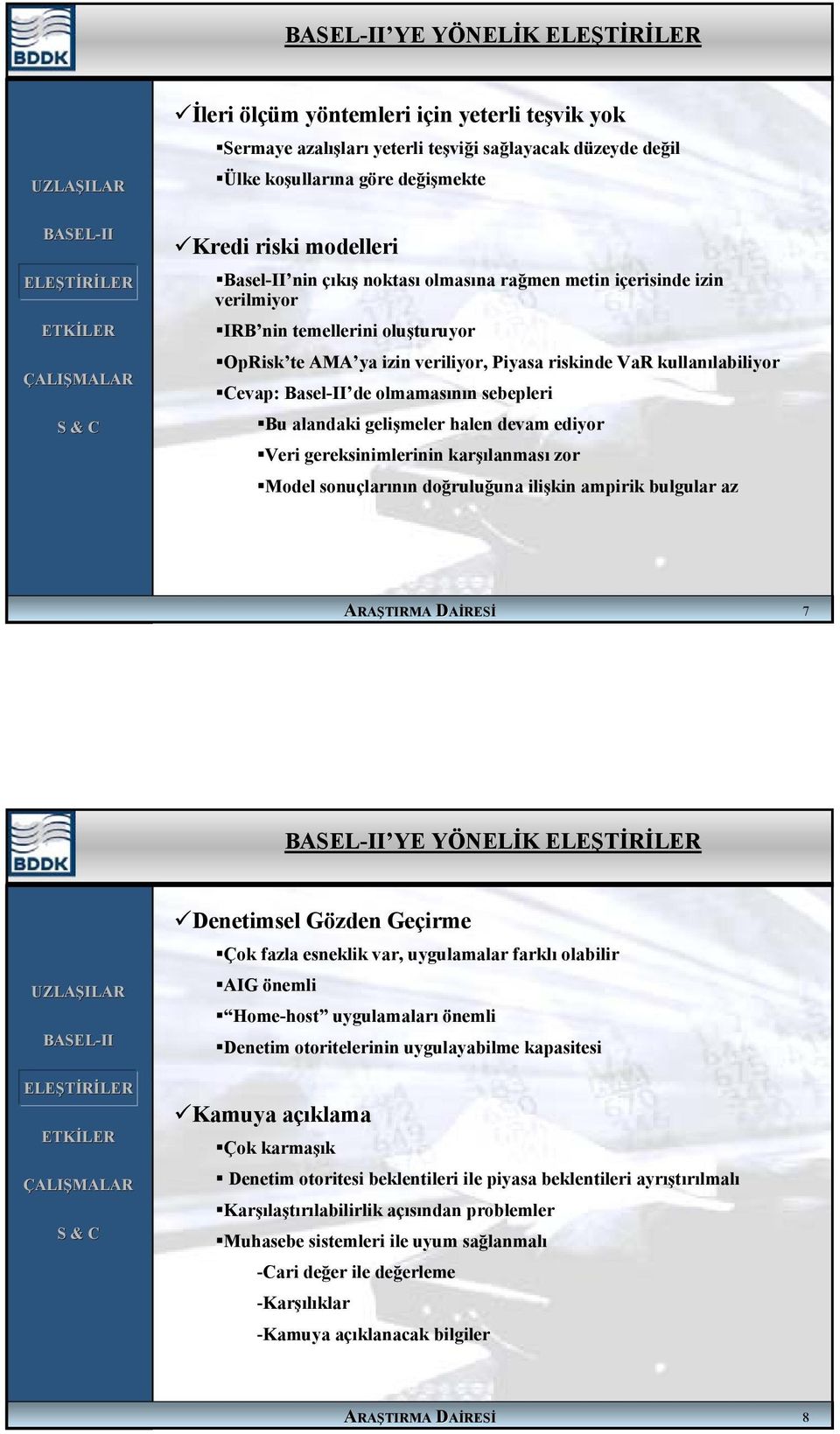 alandaki gelişmeler halen devam ediyor Veri gereksinimlerinin karşılanması zor Model sonuçlarının doğruluğuna ilişkin ampirik bulgular az ARAŞTIRMA DAİRESİ 7 YE YÖNELİK Denetimsel Gözden Geçirme Çok