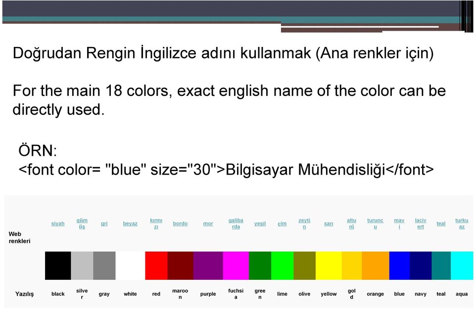ÖRN: <font color= "blue" size="30">bilgisayar Mühendisliği</font> Web renkleri siyah güm üş gri beyaz kırmı zı