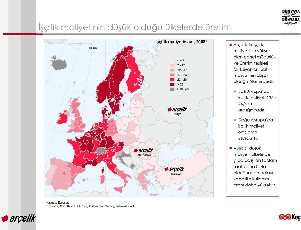 Batı Avrupa da işçilik maliyeti 35 44/saat aralığındadır. Doğu Avrupa da işçilik maliyeti ortalama 6/saattir.