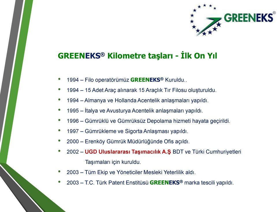 1996 Gümrüklü ve Gümrüksüz Depolama hizmeti hayata geçirildi. 1997 Gümrükleme ve Sigorta Anlaşması yapıldı. 2000 Erenköy Gümrük Müdürlüğünde Ofis açıldı.