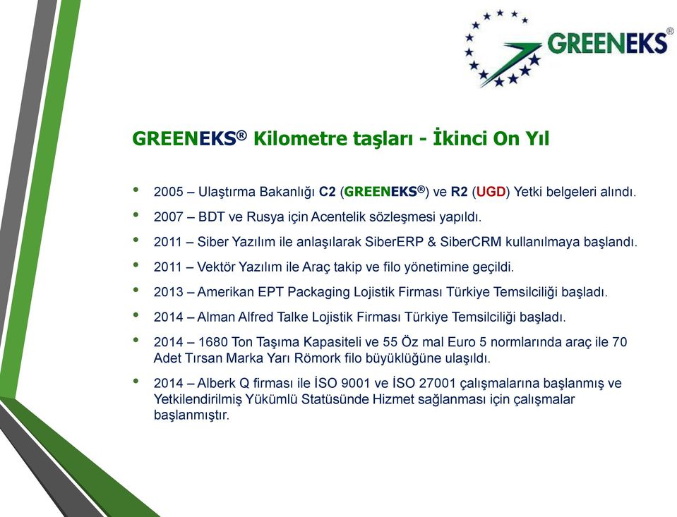 2013 Amerikan EPT Packaging Lojistik Firması Türkiye Temsilciliği başladı. 2014 Alman Alfred Talke Lojistik Firması Türkiye Temsilciliği başladı.