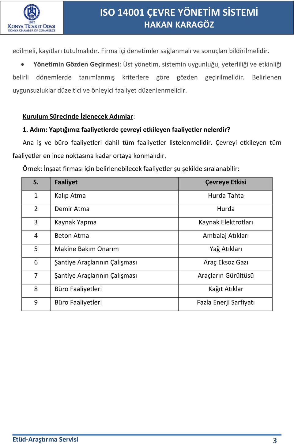 Belirlenen uygunsuzluklar düzeltici ve önleyici faaliyet düzenlenmelidir. Kurulum Sürecinde İzlenecek Adımlar: 1. Adım: Yaptığımız faaliyetlerde çevreyi etkileyen faaliyetler nelerdir?