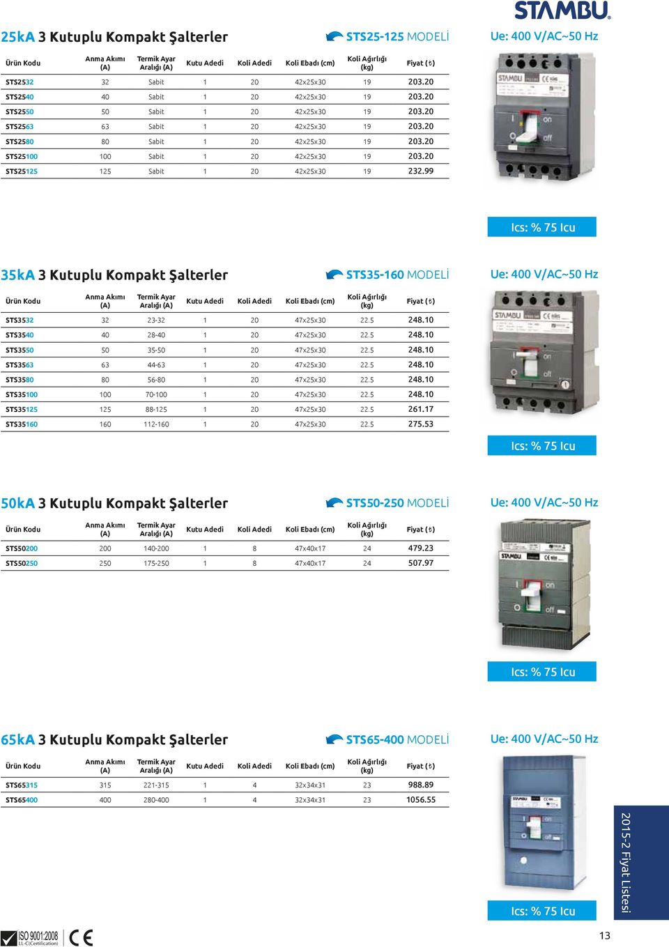 20 STS25125 125 Sabit 1 20 42x25x30 19 232.99 Ics: % 75 Icu 35kA 3 plu Kompakt Şalterler STS35-160 MODELİ Ue: 400 V/AC~50 Hz Anma Akımı Termik Ayar Aralığı Ebadı STS3532 32 23-32 1 20 47x25x30 22.