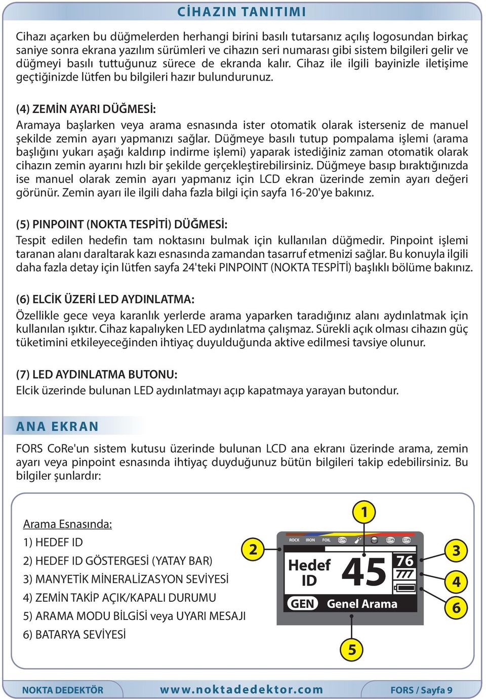 (4) ZEMİN AYARI DÜĞMESİ: Aramaya başlarken veya arama esnasında ister otomatik olarak isterseniz de manuel şekilde zemin ayarı yapmanızı sağlar.