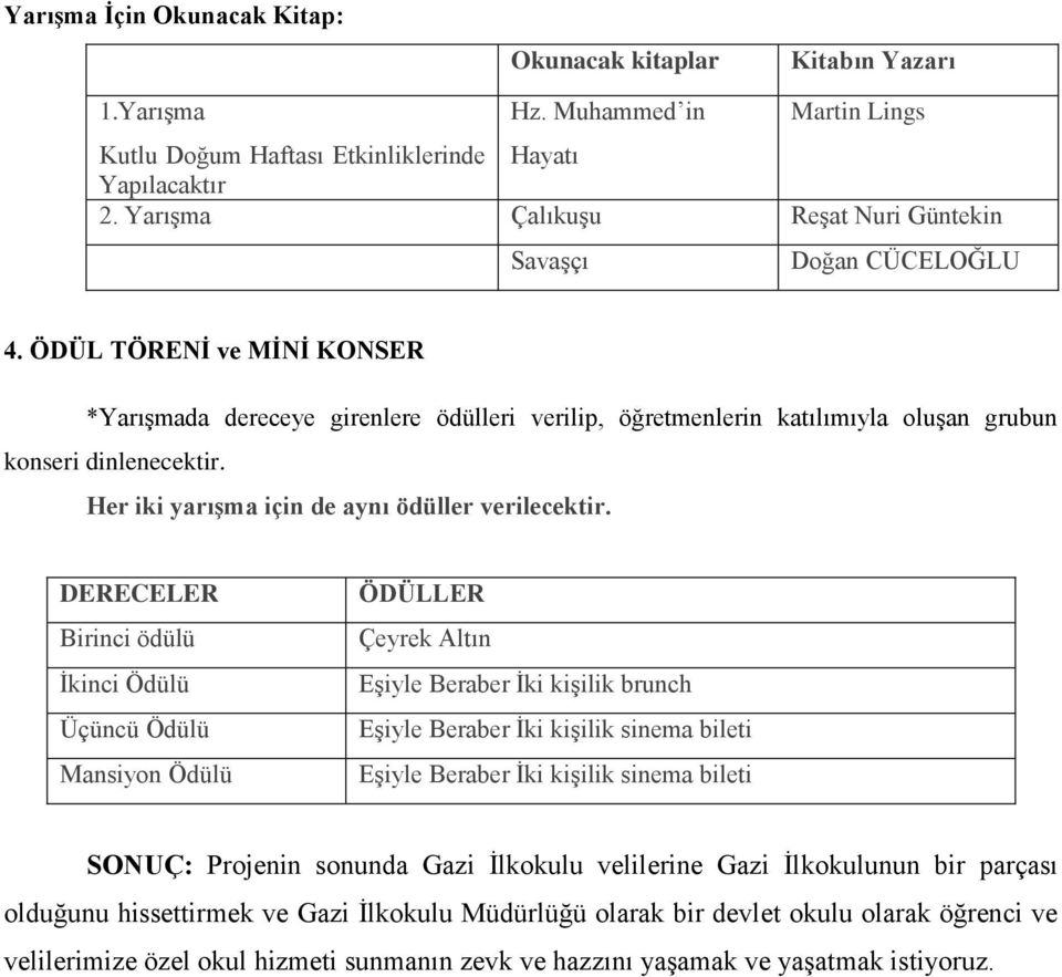 ÖDÜL TÖRENİ ve MİNİ KONSER *Yarışmada dereceye girenlere ödülleri verilip, öğretmenlerin katılımıyla oluşan grubun konseri dinlenecektir. Her iki yarışma için de aynı ödüller verilecektir.