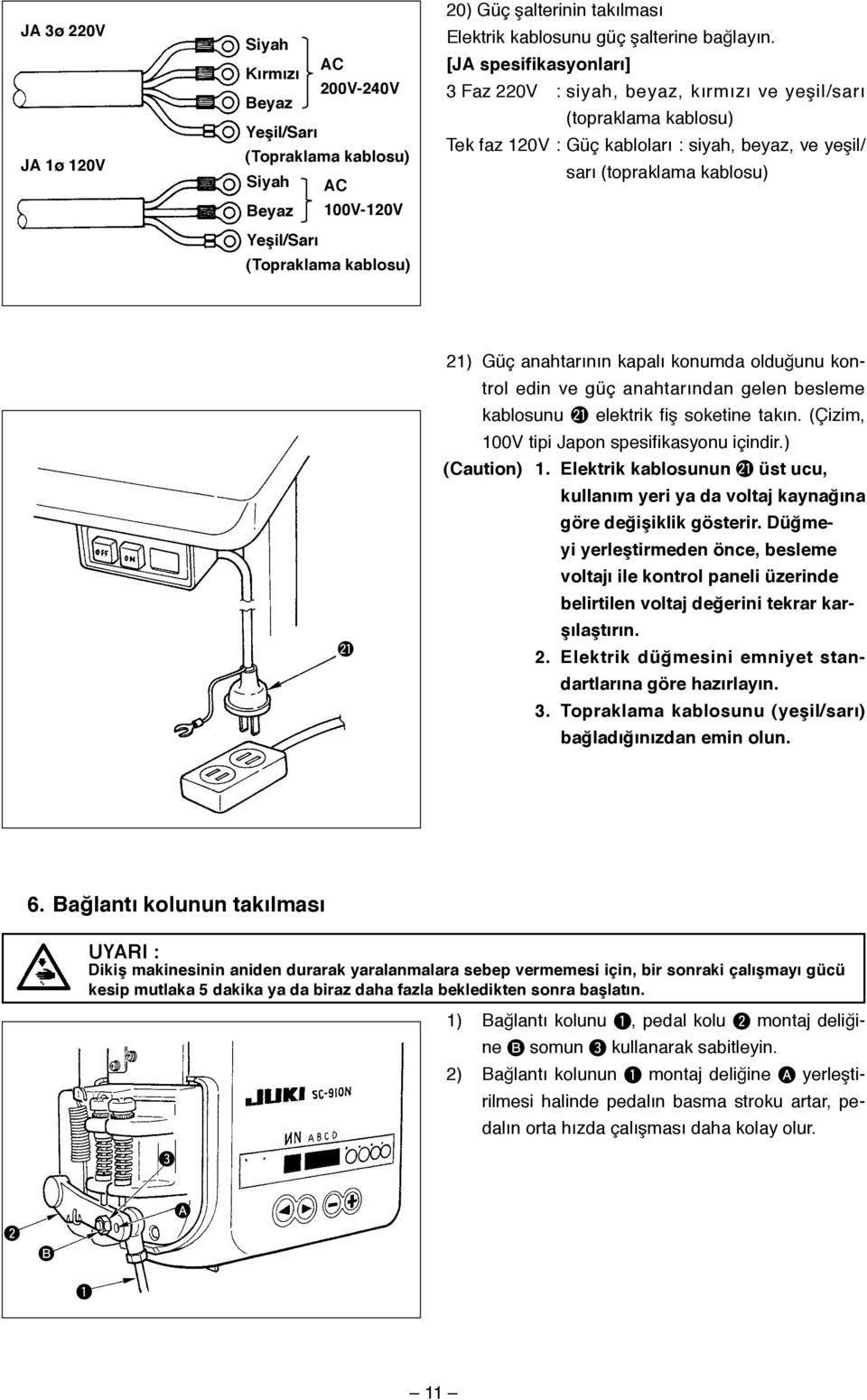 [JA spesifikasyonları] 3 Faz 220V : siyah, beyaz, kırmızı ve yeşil/sarı (topraklama kablosu) Tek faz 120V : Güç kabloları : siyah, beyaz, ve yeşil/ sarı (topraklama kablosu) @1 21) Güç anahtarının