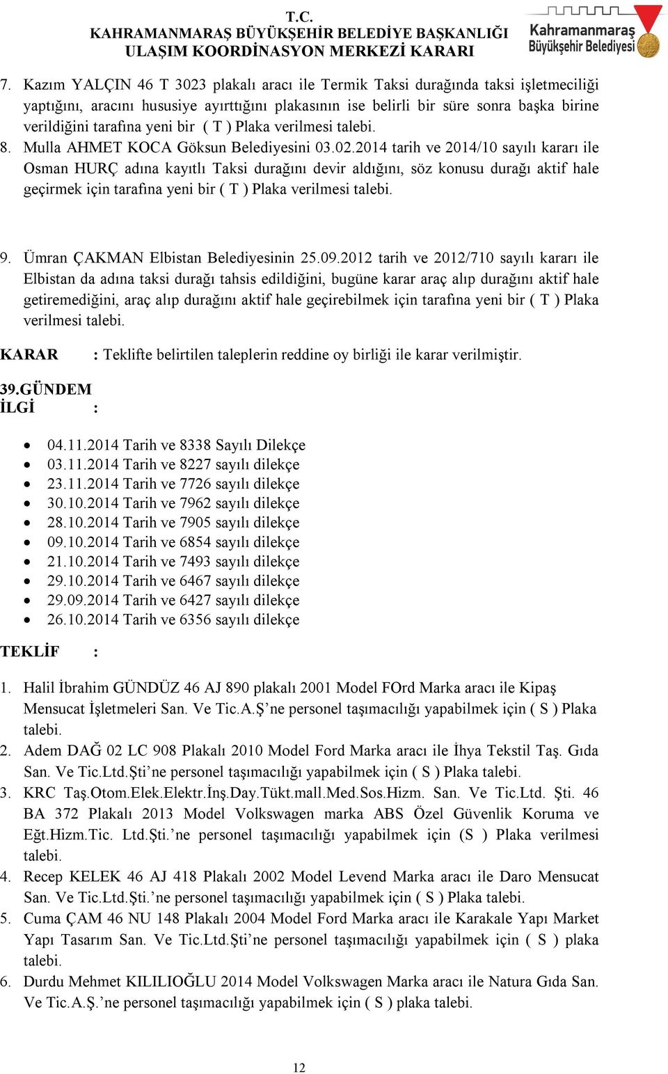 2014 tarih ve 2014/10 sayılı kararı ile Osman HURÇ adına kayıtlı Taksi durağını devir aldığını, söz konusu durağı aktif hale geçirmek için tarafına yeni bir ( T ) Plaka verilmesi talebi. 9.